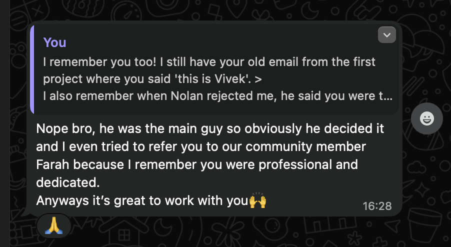 WhatsApp message from Vivek